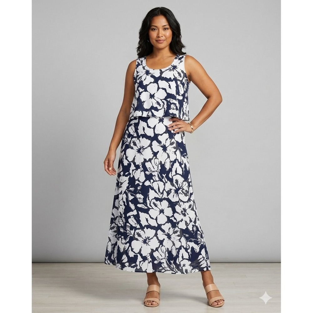 Woman Within Maxi Dress 2X Dark Navy Print Floral Popover‎ Plus Cotton Stretch